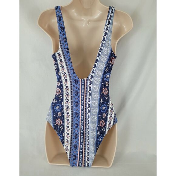 Mink Pink One Piece Swimsuit Size Small Blue Print Bounty Tie Front Womens - Picture 3 of 9